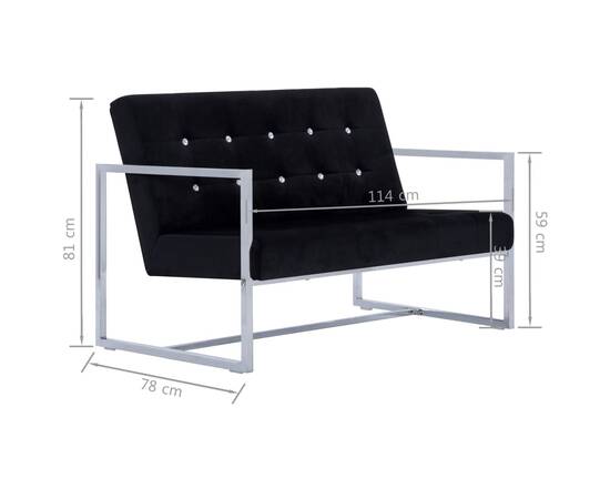 Canapea cu 2 locuri cu brațe, negru, crom și catifea, 8 image