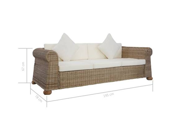 Canapea de 3 locuri cu perne, natural, ratan, 8 image