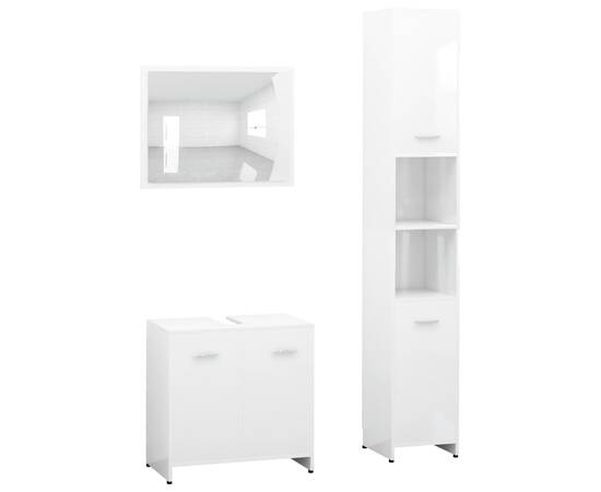 Set mobilier de baie, 3 piese, alb extralucios, pal, 2 image