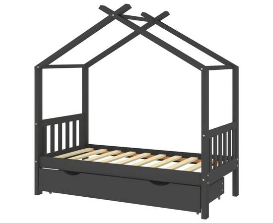 Cadru pat copii cu sertar gri închis 80x160 cm lemn masiv pin, 2 image