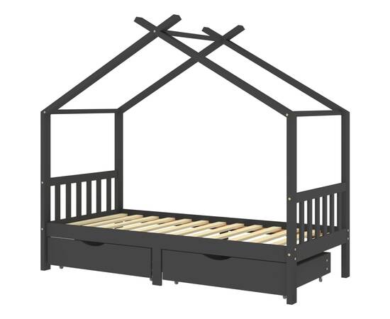 Cadru pat copii cu sertare gri închis 90x200 cm lemn masiv pin, 2 image