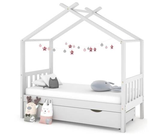 Cadru pat de copii cu un sertar, alb, 80x160 cm, lemn masiv pin