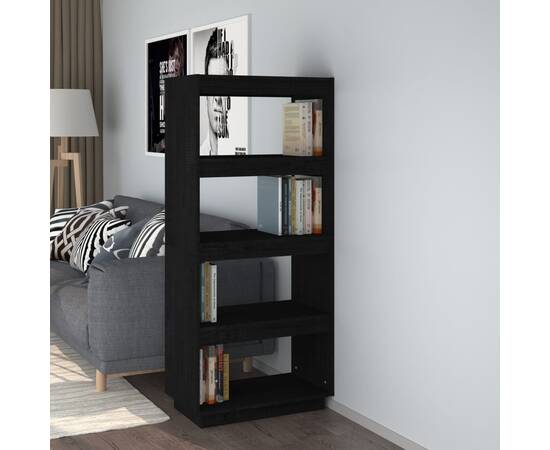 Bibliotecă/separator cameră negru 60x35x135 cm lemn masiv pin
