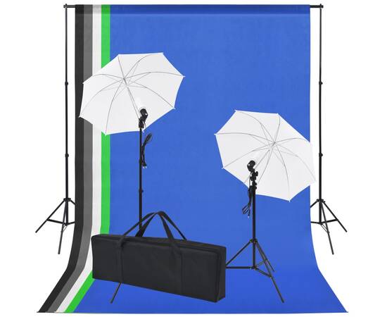 Kit studio foto: 5 fundaluri colorate & 2 umbrele