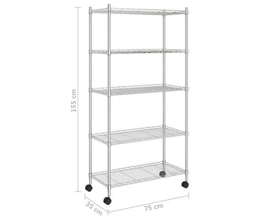 Raft depozitare cu roți, 5 niveluri, 75x35x155 cm, crom, 250 kg, 7 image