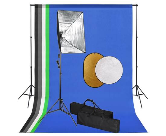 Set studio foto cu lumini softbox, fundal și reflector