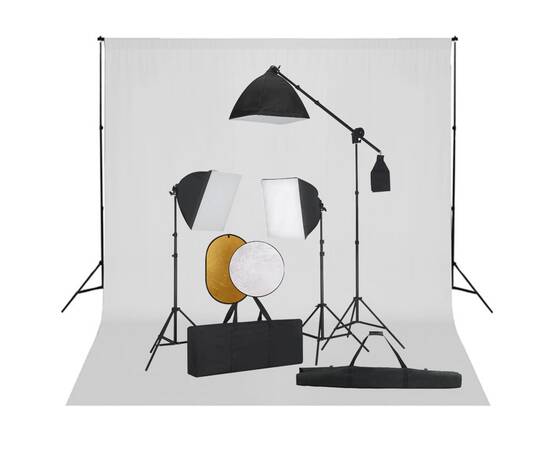 Set studio foto cu lumini softbox, fundal și reflector