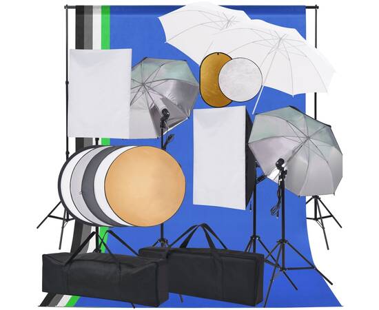 Set studio foto cu lumini softbox, umbrele, fundal și reflector