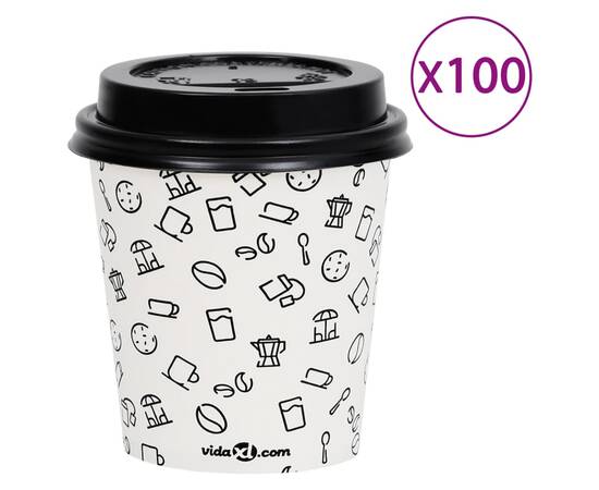 Pahare de cafea de hârtie cu capace, 100 buc., alb/negru 200 ml