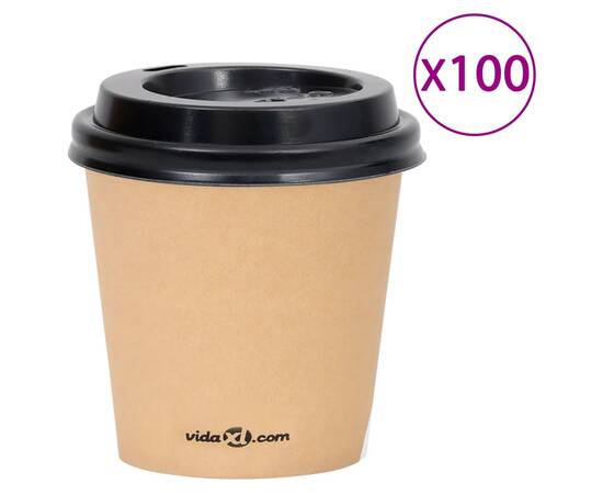 Pahare de cafea de hârtie cu capace, 100 buc., maro, 120 ml