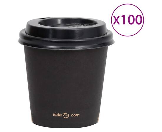 Pahare de cafea de hârtie cu capace, 100 buc., negru, 120 ml
