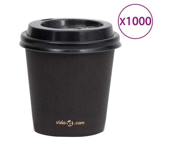 Pahare de cafea de hârtie cu capace, 1000 buc., negru, 120 ml