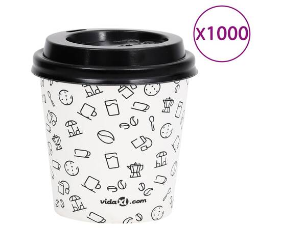 Pahare de cafea de hârtie cu capace, 1000 buc. alb/negru 120 ml