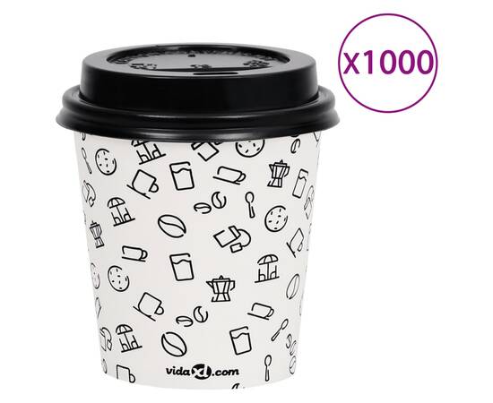 Pahare de cafea de hârtie cu capace, 1000 buc. alb/negru 200 ml