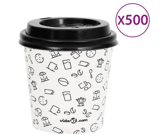 Pahare de cafea de hârtie cu capace, 500 buc., alb/negru 120 ml