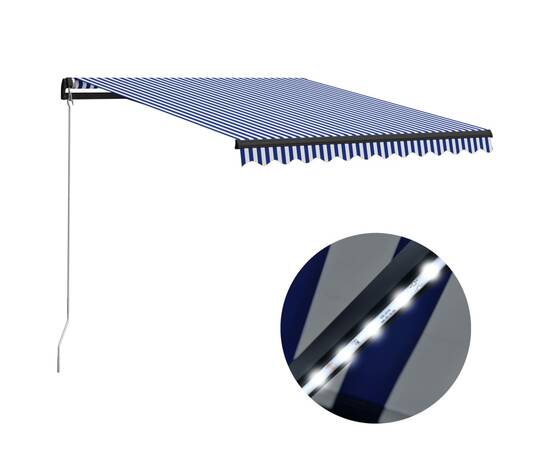 Copertină retractabilă manual cu led, albastru/alb, 300x250 cm