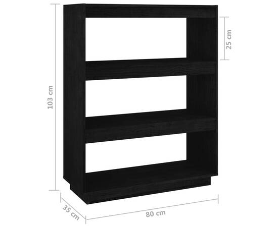 Bibliotecă/separator cameră, negru, 80x35x103cm, lemn masiv pin, 8 image