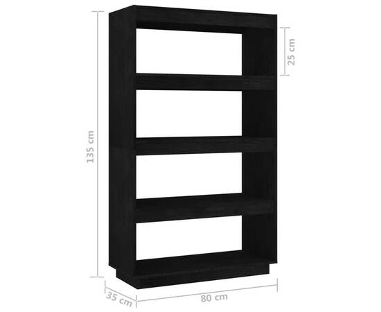 Bibliotecă/separator cameră, negru 80x35x135 cm, lemn masiv pin, 8 image