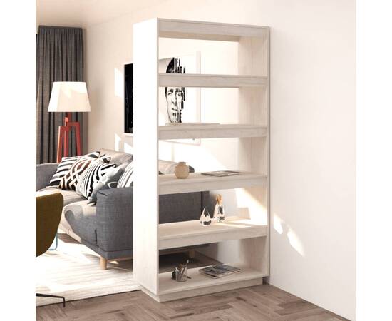 Bibliotecă/separator cameră, alb, 80x35x167 cm, lemn masiv pin