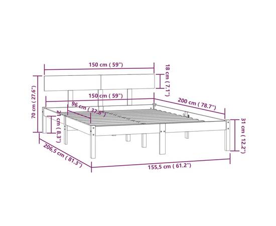 Cadru de pat uk king, alb, 150x200 cm, lemn masiv pin, 9 image