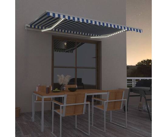 Copertină retractabilă manual led, albastru și alb, 400x300 cm