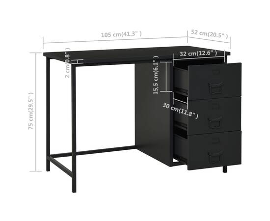 Birou cu sertare, negru, 105x52x75 cm, oțel, industrial, 8 image