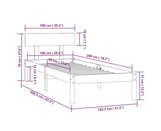 Cadru de pat, alb, 100x200 cm, lemn masiv de pin, 9 image