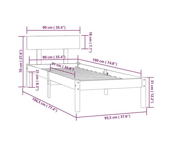 Cadru de pat uk single, alb, 90x190 cm, lemn masiv de pin, 9 image