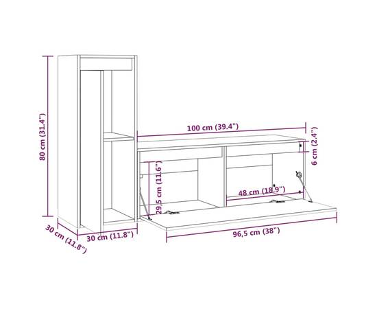 Comode tv, 2 buc., gri, lemn masiv de pin, 11 image