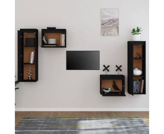 Comode tv, negru, 4 buc., lemn masiv de pin, 3 image
