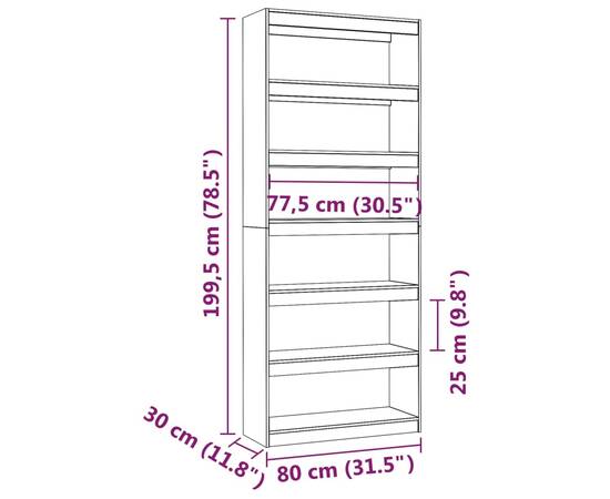 Bibliotecă/separator cameră, alb, 80x30x199,5 cm lemn masiv pin, 8 image