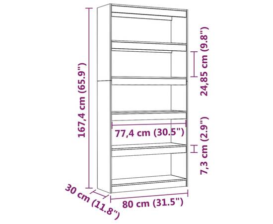 Bibliotecă/separator cameră, gri, 80x30x167,4 cm lemn masiv pin, 8 image