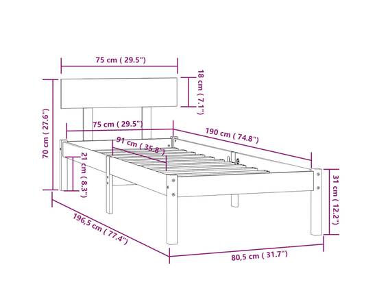 Cadru de pat uk mic single, negru, 75x190 cm, lemn masiv de pin, 9 image