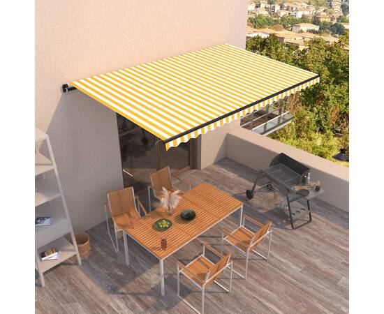 Copertină retractabilă manual, galben și alb, 500x300 cm