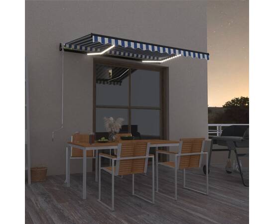 Copertină retractabilă manual cu led, albastru&alb, 400x300 cm