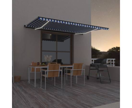 Copertină retractabilă manual cu led, albastru/alb, 500x350 cm