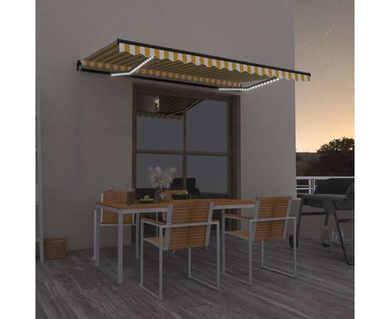 Copertină retractabilă manual cu led, galben și alb, 450x300 cm