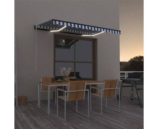 Copertină retractabilă manual led, albastru și alb, 350x250 cm