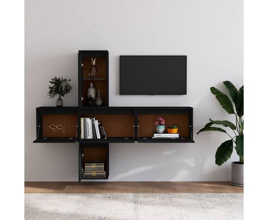 Comode tv, 5 buc., negru, lemn masiv de pin, 3 image