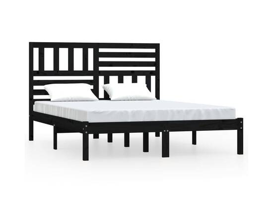 Cadru de pat dublu 4ft6, negru, 135x190 cm, lemn masiv pin, 2 image