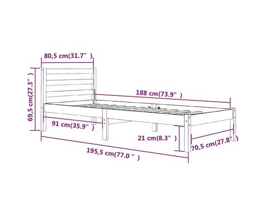 Cadru de pat mic single 2ft6, alb, 75x190 cm, lemn masiv de pin, 8 image