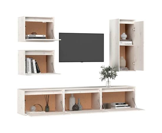 Comode tv, alb, 6 buc., lemn masiv de pin, 4 image