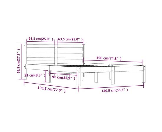 Cadru de pat dublu 4ft6, gri, 135x190 cm, lemn masiv de pin, 8 image