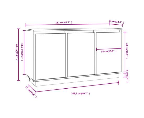 Servantă, alb, 111x34x60 cm, lemn masiv de pin, 9 image
