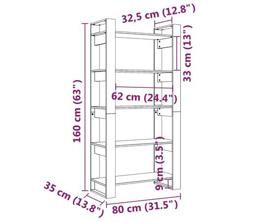 Bibliotecă/separator cameră, gri, 80x35x160 cm, lemn masiv pin, 8 image