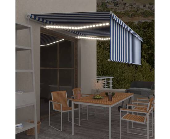 Copertină retractabilă manual cu stor&led, albastru&alb, 4x3 m