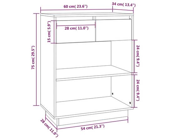 Dulap consolă, alb, 60x34x75 cm, lemn masiv de pin, 9 image