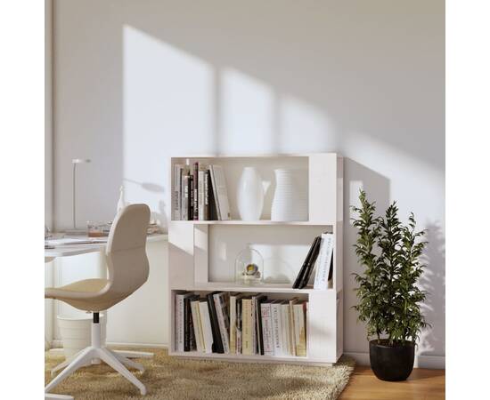 Bibliotecă/separator cameră, alb, 80x25x101 cm, lemn masiv pin, 3 image