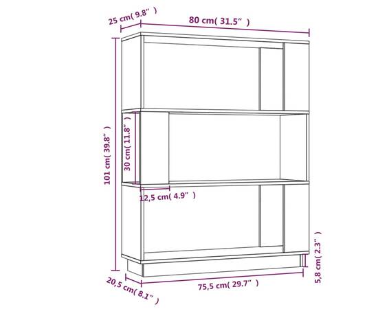 Bibliotecă/separator cameră, gri, 80x25x101 cm lemn masiv pin, 8 image
