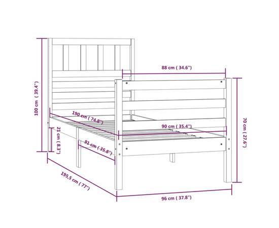 Cadru de pat single 3ft, 90x190 cm, lemn masiv, 9 image